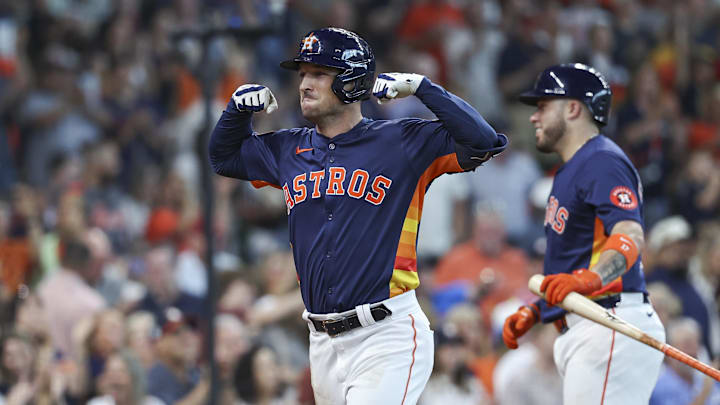 Sep 22, 2024; Houston, Texas, USA; Houston Astros third baseman Alex Bregman (2) celebrates after hitting a home run during the fifth inning against the Los Angeles Angels.