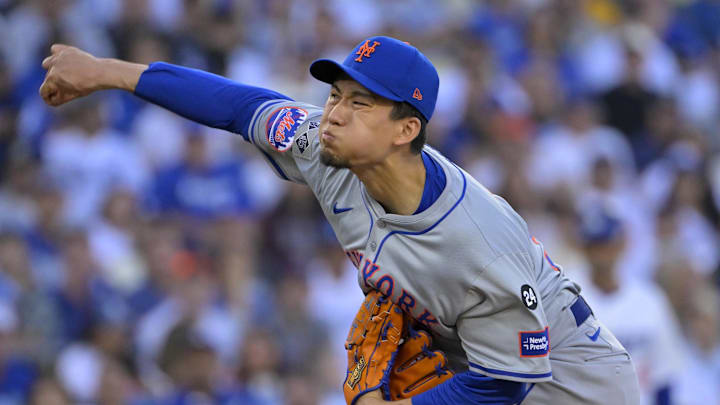 Oct 13, 2024; Los Angeles, California, USA; New York Mets pitcher Kodai Senga (34) throws a pitch against the Los Angeles Dodgers during the first inning in game one of the NLCS for the 2024 MLB Playoffs at Dodger Stadium. Mandatory Credit: Jayne Kamin-Oncea-Imagn Images