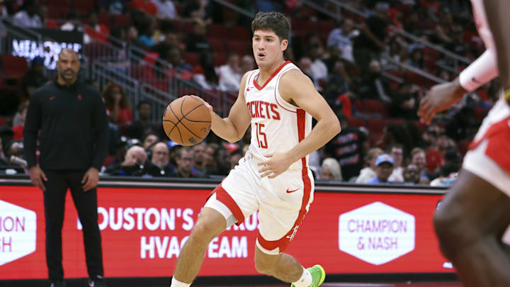 Oct 6, 2025; Houston, Texas, USA; Houston Rockets guard Reed Sheppard (15) dribbles the ball during the game against the Atlanta Hawks at Toyota Center. Mandatory Credit: Troy Taormina-Imagn Images Oct 6, 2025; Houston, Texas, USA; Houston Rockets guard Reed Sheppard (15) dribbles the ball during the game against the Atlanta Hawks at Toyota Center. Mandatory Credit: Troy Taormina-Imagn Images