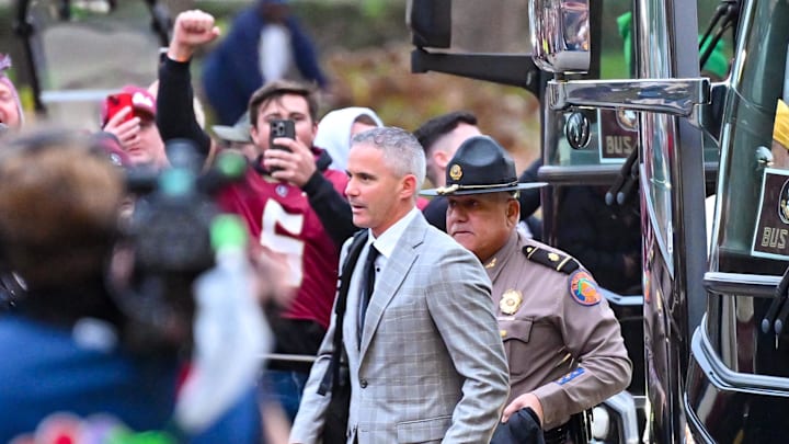 Nov 9, 2024; South Bend, Indiana, USA; Florida State Seminoles head coach Mike Norvell arrives at Notre Dame Stadium for the game against the Notre Dame Fighting Irish. Mandatory Credit: Matt Cashore-Imagn Images