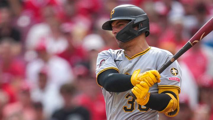 Pittsburgh Pirates second baseman Nick Yorke (38) hits a sacrifice to score Horwitz from from third base in the eighth inning of the MLB National League game between the Cincinnati Reds and the Pittsburgh Pirates at Great American Ball Park in downtown Cincinnati on Thursday, Sept. 25, 2025. The Reds won, 2-1. Pittsburgh Pirates second baseman Nick Yorke (38) hits a sacrifice to score Horwitz from from third base in the eighth inning of the MLB National League game between the Cincinnati Reds and the Pittsburgh Pirates at Great American Ball Park in downtown Cincinnati on Thursday, Sept. 25, 2025. The Reds won, 2-1.