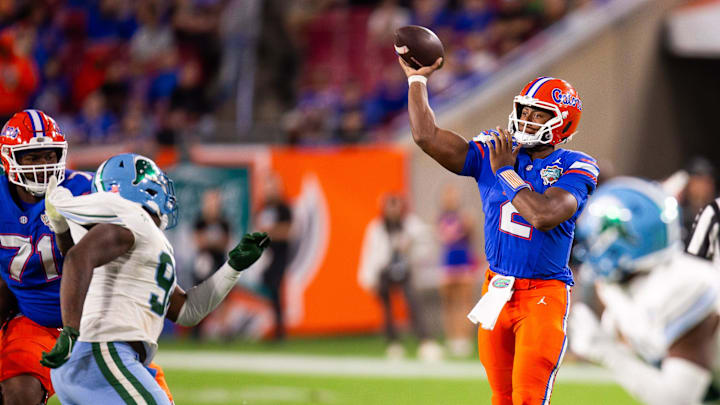 Florida Gators quarterback DJ Lagway (2) passes during the second half at Raymond James Stadium in Tampa, FL on Friday, December 20, 2024 in the 2024 Union Home Mortgage Gasparilla Bowl. The Gators defeated Tulane 33-8. [Doug Engle/Gainesville Sun]