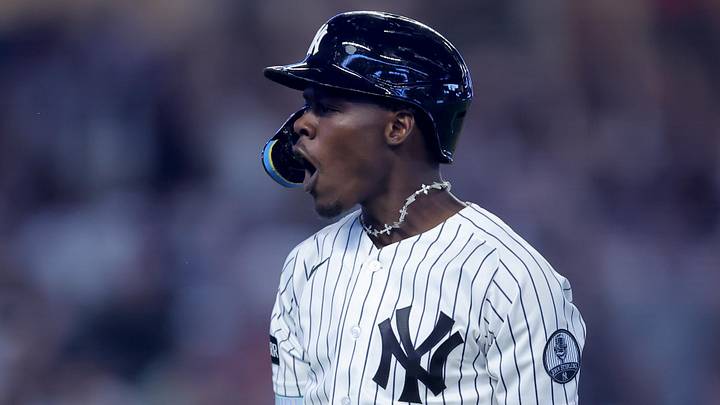 May 18, 2026; Bronx, New York, USA; New York Yankees second baseman Jazz Chisholm Jr. (13) reacts as he runs up the first base line after hitting a two run home run against the Toronto Blue Jays during the seventh inning at Yankee Stadium. Mandatory Credit: Brad Penner-Imagn Images May 18, 2026; Bronx, New York, USA; New York Yankees second baseman Jazz Chisholm Jr. (13) reacts as he runs up the first base line after hitting a two run home run against the Toronto Blue Jays during the seventh inning at Yankee Stadium. Mandatory Credit: Brad Penner-Imagn Images