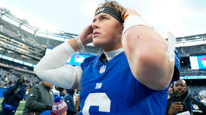 New York Giants quarterback Jaxson Dart (6) is shown after Big Blue beat the Dallas Cowboys, 34-17, Sunday, January 4, 2026, in East Rutherford.