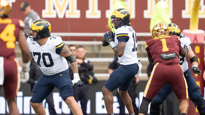 Oct 3, 2026; Minneapolis, Minnesota, USA; Michigan Wolverines quarterback Bryce Underwood (19) steps back to pass against the Minnesota Golden Gophers in the fourth quarter at Huntington Bank Stadium. Mandatory Credit: Matt Blewett-Imagn Images Oct 3, 2026; Minneapolis, Minnesota, USA; Michigan Wolverines quarterback Bryce Underwood (19) steps back to pass against the Minnesota Golden Gophers in the fourth quarter at Huntington Bank Stadium. Mandatory Credit: Matt Blewett-Imagn Images