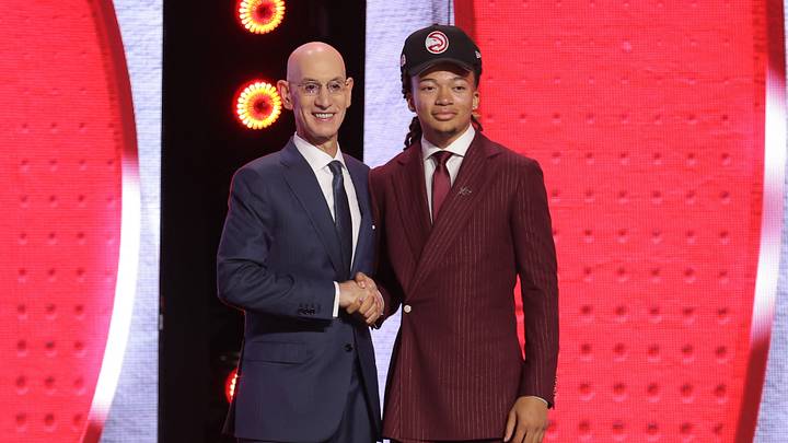 Jun 23, 2026; New York, NY, USA; NBA commissioner Adam Silver greets the eighth pick in the 2026 NBA draft, Houston guard Kingston Flemings after he was selected by the Atlanta Hawks at Barclays Center. Mandatory Credit: Brad Penner-Imagn Images Jun 23, 2026; New York, NY, USA; NBA commissioner Adam Silver greets the eighth pick in the 2026 NBA draft, Houston guard Kingston Flemings after he was selected by the Atlanta Hawks at Barclays Center. Mandatory Credit: Brad Penner-Imagn Images