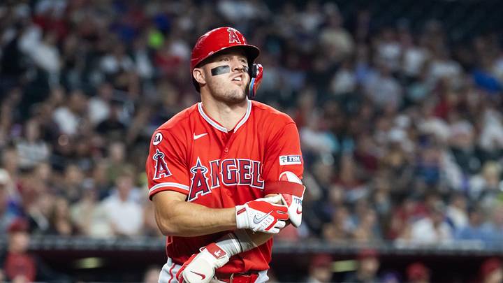 Phoenix, Arizona, USA; Los Angeles Angels outfielder Mike Trout reacts after being hit by a pitch in the third inning against the Arizona Diamondbacks at Chase Field. Mandatory Credit: Mark J. Rebilas-Imagn Images