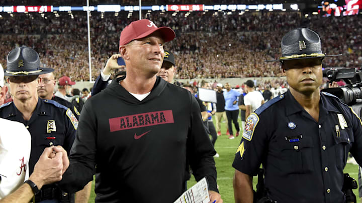 Sep 28, 2024; Tuscaloosa, Alabama, USA;  Alabama Crimson Tide head coach Kalen DeBoer leaves the field after defeating the Georgia Bulldogs at Bryant-Denny Stadium. Mandatory Credit: Gary Cosby Jr.-Imagn Images
