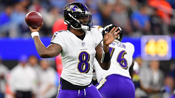 Nov 26, 2023; Inglewood, California, USA; Baltimore Ravens quarterback Lamar Jackson (8) throws