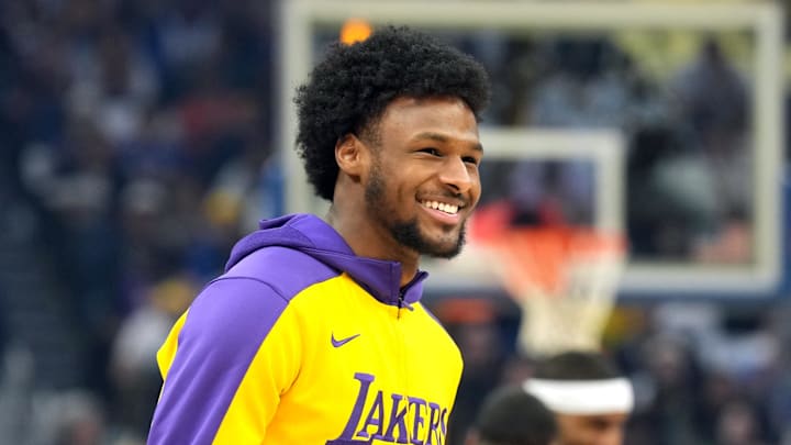 Dec 25, 2024; San Francisco, California, USA; Los Angeles Lakers guard Bronny James (9) before the game against the Golden State Warriors at Chase Center. Mandatory Credit: Darren Yamashita-Imagn Images
