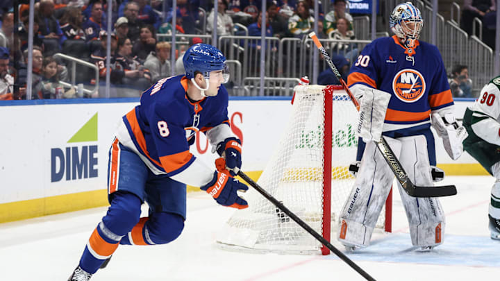 Apr 4, 2025; Elmont, New York, USA; New York Islanders defenseman Noah Dobson (8) controls the puck in the first period against the Minnesota Wild at UBS Arena. Mandatory Credit: Wendell Cruz-Imagn Images Apr 4, 2025; Elmont, New York, USA; New York Islanders defenseman Noah Dobson (8) controls the puck in the first period against the Minnesota Wild at UBS Arena. Mandatory Credit: Wendell Cruz-Imagn Images