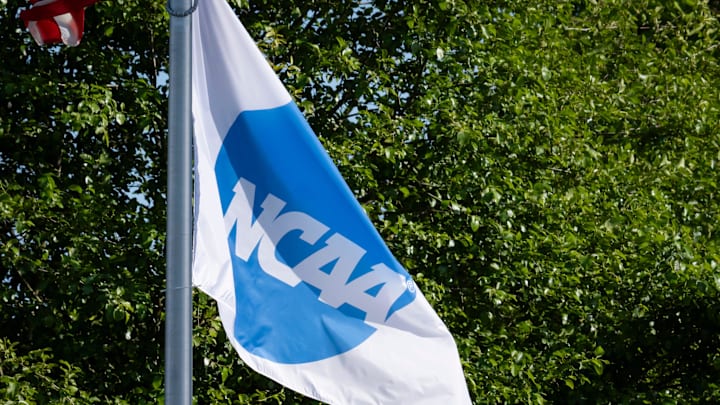 The NCAA flag flies over the stadium as the Oregon Ducks host the Liberty Flames in game two of an NCAA Super Regional at Jane Sanders Stadium in Eugene on May 24, 2025.