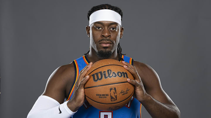 Sep 29, 2025; Oklahoma City, OK, USA; Oklahoma City Thunder guard Luguentz Dort (5) poses for a photo during the 2025 Oklahoma City Thunder media day at Paycom Center. Mandatory Credit: Alonzo Adams-Imagn Images Sep 29, 2025; Oklahoma City, OK, USA; Oklahoma City Thunder guard Luguentz Dort (5) poses for a photo during the 2025 Oklahoma City Thunder media day at Paycom Center. Mandatory Credit: Alonzo Adams-Imagn Images