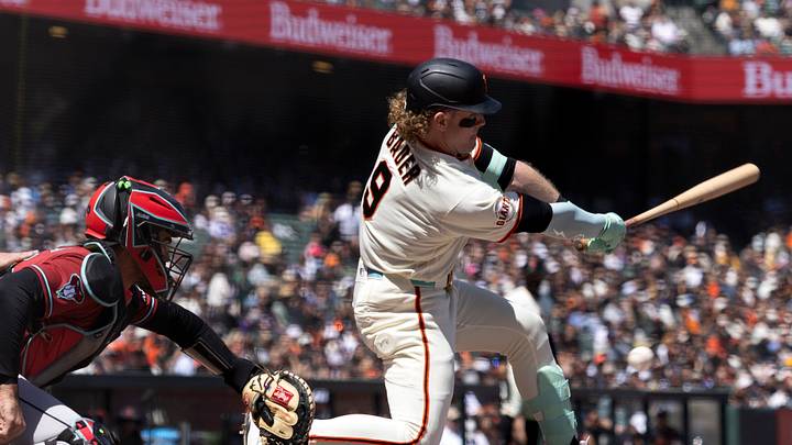May 27, 2026; San Francisco, California, USA; San Francisco Giants pinch hitter Harrison Bader (9) strikes out against the Arizona Diamondbacks during the seventh inning at Oracle Park. Mandatory Credit: D. Ross Cameron-Imagn Images