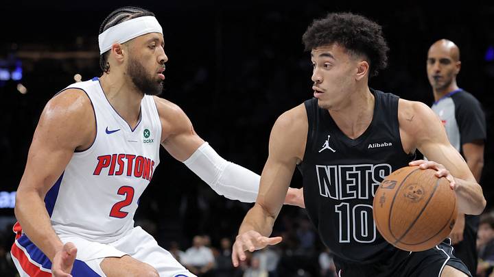 Oct 30, 2026; Brooklyn, New York, USA; Brooklyn Nets guard Nolan Traore (10) controls the ball against Detroit Pistons guard Cade Cunningham (2) during the first quarter at Barclays Center. Mandatory Credit: Brad Penner-Imagn Images Oct 30, 2026; Brooklyn, New York, USA; Brooklyn Nets guard Nolan Traore (10) controls the ball against Detroit Pistons guard Cade Cunningham (2) during the first quarter at Barclays Center. Mandatory Credit: Brad Penner-Imagn Images