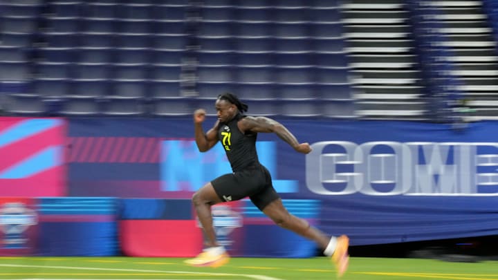 Feb 27, 2025; Indianapolis, IN, USA; Mississippi defensive lineman Princely Umanmielen (DL71) participates in drills during the 2025 NFL Combine at Lucas Oil Stadium. 