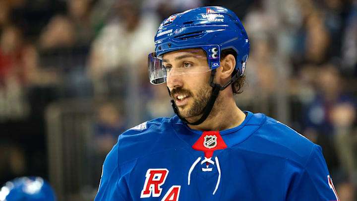 Apr 4, 2026; New York, New York, USA; New York Rangers center Vincent Trocheck (16) skates against the Detroit Red Wings during the first period at Madison Square Garden. Mandatory Credit: Danny Wild-Imagn Images