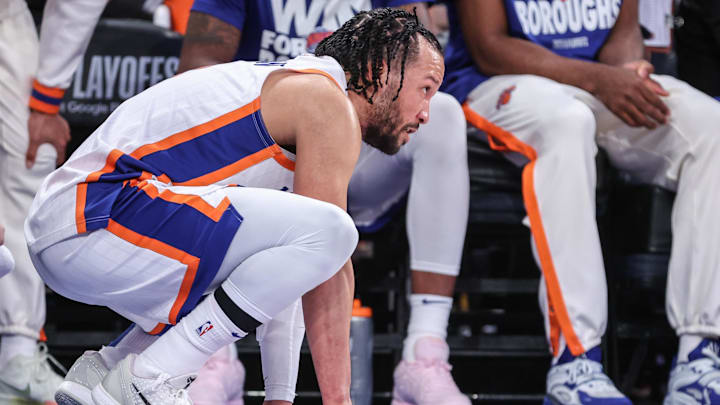 Apr 29, 2025; New York, New York, USA; New York Knicks guard Jalen Brunson (11) watches from the bench after being injured in the fourth quarter against the Detroit Pistons during game five of first round for the 2025 NBA Playoffs at Madison Square Garden. Mandatory Credit: Wendell Cruz-Imagn Images