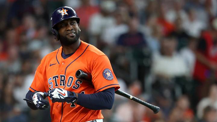 Sep 30, 2026; Houston, Texas, USA;  Houston Astros outfielder Yordan Alvarez (44) reacts to striking out against the Chicago White Sox in the third inning during game two of the Wildcard round for the 2026 MLB Playoffs at Daikin Park.  Mandatory Credit: Troy Taormina-Imagn Images