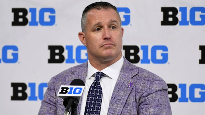 Jul 22, 2021; Indianapolis, Indiana, USA; Northwestern Wildcats head coach Pat Fitzgerald speaks to the media during Big 10 media days at Lucas Oil Stadium. Mandatory Credit: Robert Goddin-Imagn Images