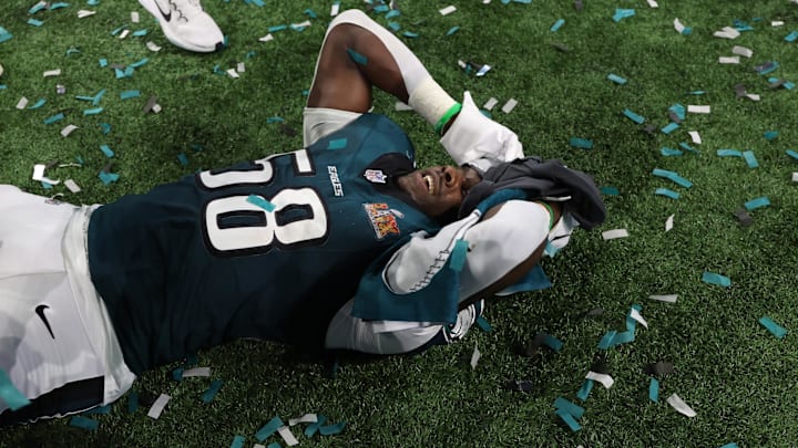 Feb 9, 2025; New Orleans, LA, USA; Philadelphia Eagles linebacker Jalyx Hunt (58) celebrates on the field after Super Bowl LIX against the Kansas City Chiefs at Caesars Superdome. 
