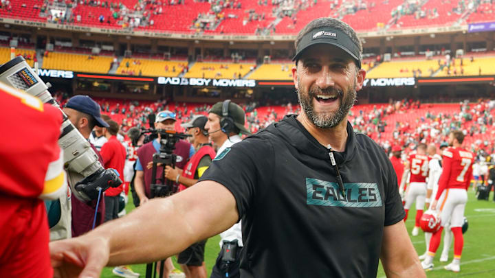 Sep 14, 2025; Kansas City, Missouri, USA; Philadelphia Eagles head coach Nick Sirianni looks on after the game against the Kansas City Chiefs at GEHA Field at Arrowhead Stadium. Mandatory Credit: Denny Medley-Imagn Images Sep 14, 2025; Kansas City, Missouri, USA; Philadelphia Eagles head coach Nick Sirianni looks on after the game against the Kansas City Chiefs at GEHA Field at Arrowhead Stadium. Mandatory Credit: Denny Medley-Imagn Images