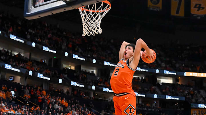 Dec 6, 2025; Nashville, Tennessee, USA; Illinois Fighting Illini guard Andrej Stojakovic (2) goes up to dunk the ball but goes off the back of the rim against the Tennessee Volunteers during the second half at Bridgestone Arena. Mandatory Credit: Steve Roberts-Imagn Images Dec 6, 2025; Nashville, Tennessee, USA; Illinois Fighting Illini guard Andrej Stojakovic (2) goes up to dunk the ball but goes off the back of the rim against the Tennessee Volunteers during the second half at Bridgestone Arena. Mandatory Credit: Steve Roberts-Imagn Images