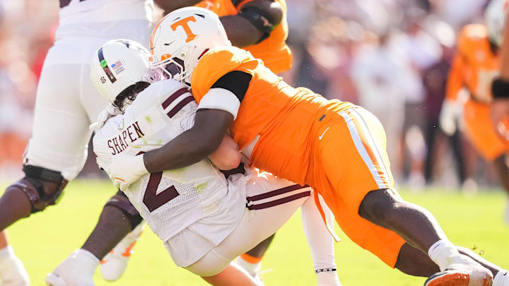 Tennessee defensive lineman Tyre West (42) sacks Mississippi State quarterback Blake Shapen (2) during a college football game between Tennessee and Mississippi State at Davis Wade Stadium in Starkville, Miss., on Sept. 27, 2025.