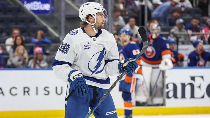 Oct 10, 2026; Elmont, New York, USA; Tampa Bay Lightning left wing Brandon Hagel (38) skates to his teammates after scoring a goal in the third period against the New York Islanders at UBS Arena. Mandatory Credit: Wendell Cruz-Imagn Images Oct 10, 2026; Elmont, New York, USA; Tampa Bay Lightning left wing Brandon Hagel (38) skates to his teammates after scoring a goal in the third period against the New York Islanders at UBS Arena. Mandatory Credit: Wendell Cruz-Imagn Images