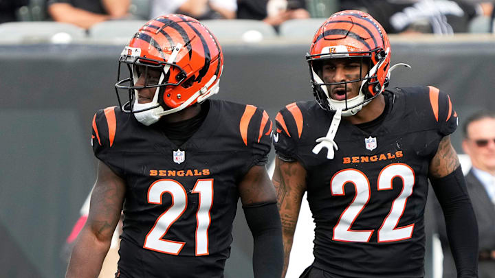 Cincinnati Bengals cornerback Mike Hilton (21) and safety Geno Stone (22) celebrate Hilton’s tackle in the 3rd quarter at Paycor Stadium Sunday, November 3, 2024.