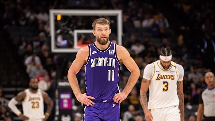 Dec 21, 2024; Sacramento, California, USA; Sacramento Kings forward Domantas Sabonis (11) looks on after being called for a foul during the third quarter at Golden 1 Center. Mandatory Credit: Ed Szczepanski-Imagn Images