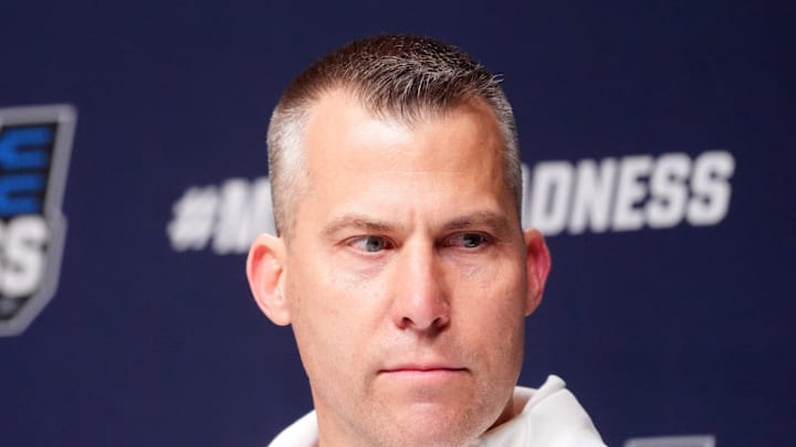 Troy's head men's basketball coach Scott Cross speaks to the media during practice and media day for the first round of the NCAA basketball tournament at Paycom Center in Oklahoma City, Okla., Wednesday March 18, 2026.