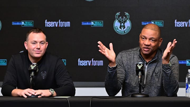 Jan 27, 2024; Milwaukee, WI, USA;  Doc Rivers speaks at a press conference with general manager Jon Horst where he was introduce as the new head coach of the Milwaukee Bucks at the Fiserv Forum. Mandatory Credit: Benny Sieu-Imagn Images