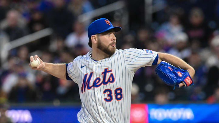 Apr 21, 2025; New York City, New York, USA; New York Mets pitcher Tylor Megill (38) pitches against the Philadelphia Phillies during the first inning at Citi Field. Mandatory Credit: John Jones-Imagn Images