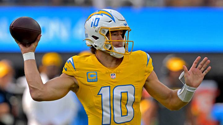 Oct 19, 2025; Inglewood, California, USA; Los Angeles Chargers quarterback Justin Herbert (10) looks to pass against the Indianapolis Colts at SoFi Stadium. Mandatory Credit: Jayne Kamin-Oncea-Imagn Images