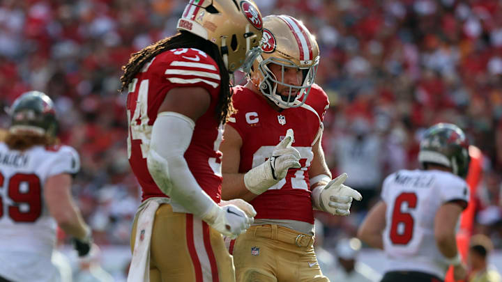 Nov 10, 2024; Tampa, Florida, USA; San Francisco 49ers defensive end Nick Bosa (97) celebrates after he sacks Tampa Bay Buccaneers quarterback Baker Mayfield (6) (not pictured) during the second half at Raymond James Stadium. Mandatory Credit: Kim Klement Neitzel-Imagn Images