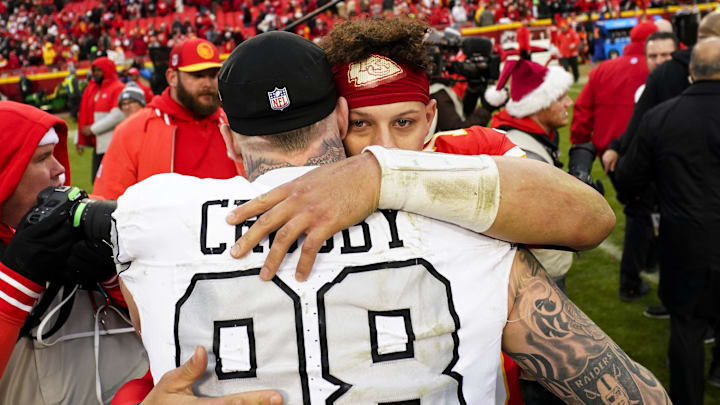 Dec 25, 2023; Kansas City, Missouri, USA; Kansas City Chiefs quarterback Patrick Mahomes (15) greets