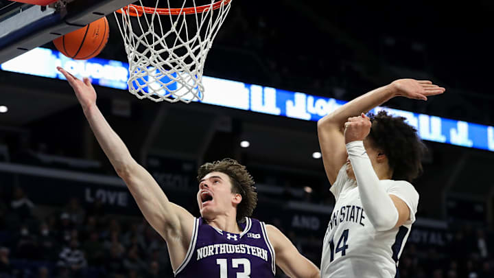 Jan 2, 2025; University Park, Pennsylvania, USA; Northwestern Wildcats guard Brooks Barnhizer (13) shoots during the second half against the Penn State Nittany Lions at Bryce Jordan Center. Penn State defeated Northwestern 84-80. Mandatory Credit: Matthew O'Haren-Imagn Images Jan 2, 2025; University Park, Pennsylvania, USA; Northwestern Wildcats guard Brooks Barnhizer (13) shoots during the second half against the Penn State Nittany Lions at Bryce Jordan Center. Penn State defeated Northwestern 84-80. Mandatory Credit: Matthew O'Haren-Imagn Images