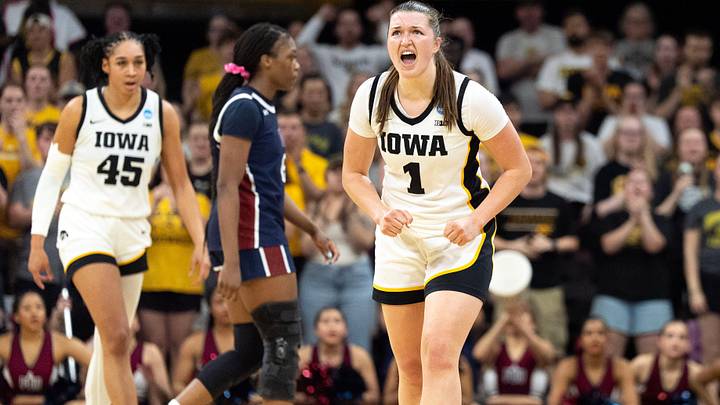 Iowa guard Taylor Stremlow (1) reacts March 21, 2026 during a First Round NCAA March Madness game against the Fairleigh Dickinson Knights at Carver-Hawkeye Arena in Iowa City, Iowa. Iowa guard Taylor Stremlow (1) reacts March 21, 2026 during a First Round NCAA March Madness game against the Fairleigh Dickinson Knights at Carver-Hawkeye Arena in Iowa City, Iowa.
