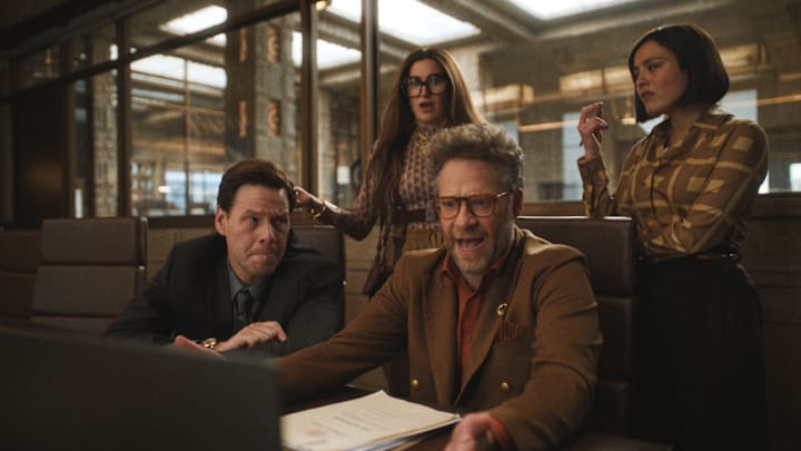 Episode 1. Ike Barinholtz, Kathryn Hahn, Chase Sui Wonders and Seth Rogen in "The Studio," premiering March 26, 2025 on Apple TV+