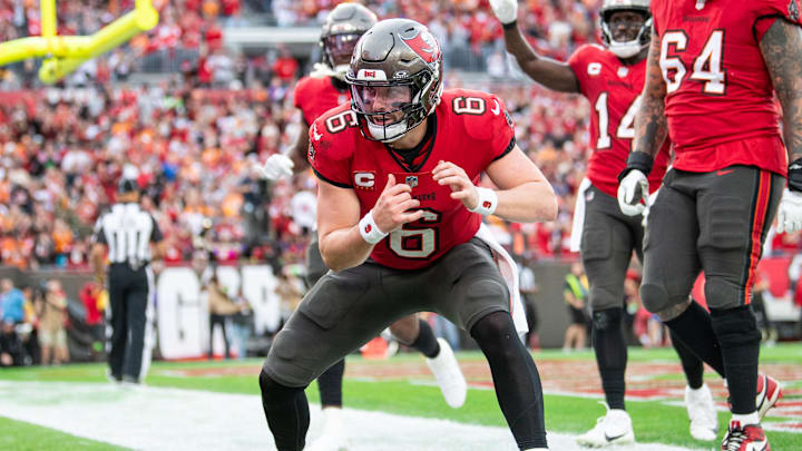 Tampa Bay Buccaneers quarterback Baker Mayfield celebrates the touchdown against the Jacksonville Jaguars.