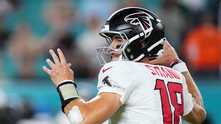 Aug 28, 2026; Miami Gardens, Florida, USA;  Atlanta Falcons quarterback Jack Strand (18) throws a pass against the Miami Dolphins during the third quarter of a pre season game at Hard Rock Stadium.  Mandatory Credit: Rich Storry-Imagn Images