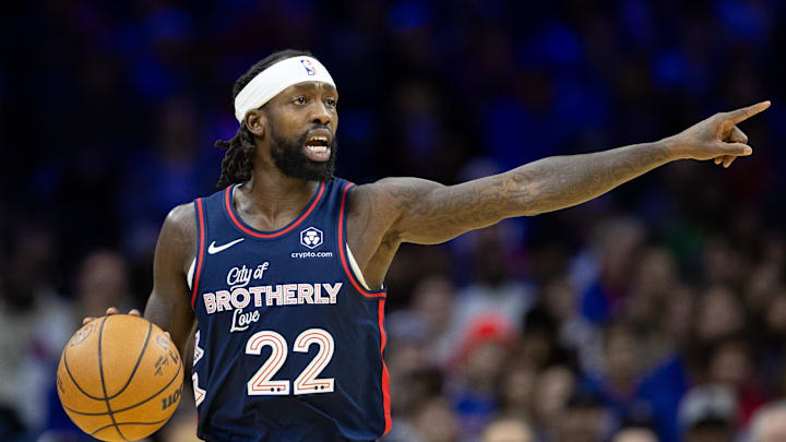 Jan 6, 2024; Philadelphia, Pennsylvania, USA; Philadelphia 76ers guard Patrick Beverley (22) brings the ball up court against the Utah Jazz during the first quarter at Wells Fargo Center. Mandatory Credit: Bill Streicher-Imagn Images