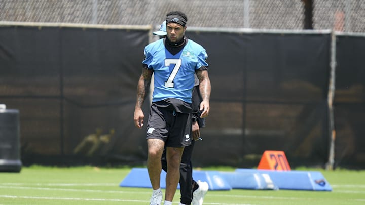 Jun 11, 2025; Charlotte, NC, USA; Carolina Panthers safety Tre'von Moehrig (7) during minicamp at Bank of America Stadium. Mandatory Credit: Jim Dedmon-Imagn Images