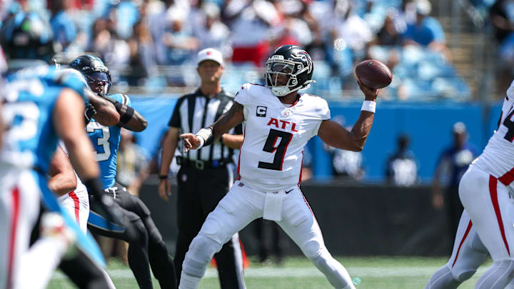 Sep 21, 2025; Charlotte, North Carolina, USA; Atlanta Falcons quarterback Michael Penix Jr. (9) throws a pass during the first half of a game between Carolina Panthers and the Atlanta Falcons at Bank of America Stadium. Mandatory Credit: Cory Knowlton-Imagn Images