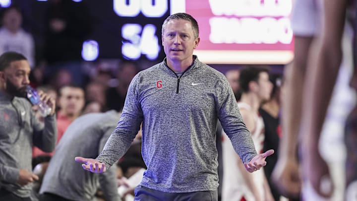 Jan 11, 2025; Athens, Georgia, USA; Georgia Bulldogs head coach Mike White reacts on the bench against the Oklahoma Sooners during the second half at Stegeman Coliseum. Mandatory Credit: Dale Zanine-Imagn Images