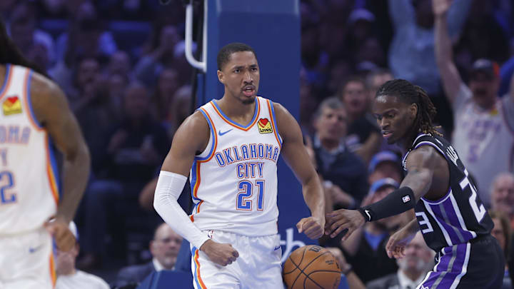 Oct 28, 2025; Oklahoma City, Oklahoma, USA; Oklahoma City Thunder guard Aaron Wiggins (21) reacts after dunking against the Sacramento Kings during the second quarter at Paycom Center. Mandatory Credit: Alonzo Adams-Imagn Images Oct 28, 2025; Oklahoma City, Oklahoma, USA; Oklahoma City Thunder guard Aaron Wiggins (21) reacts after dunking against the Sacramento Kings during the second quarter at Paycom Center. Mandatory Credit: Alonzo Adams-Imagn Images