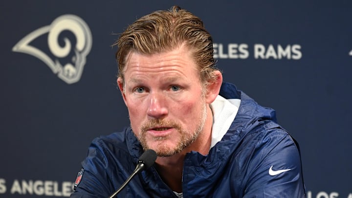 Apr 23, 2019; Thousand Oaks, CA, USA; Los Angeles Rams general manager Les Snead addresses the media at a press conference at Cal Lutheran University prior to the 2019 NFL Draft. Mandatory Credit: Kirby Lee-Imagn Images