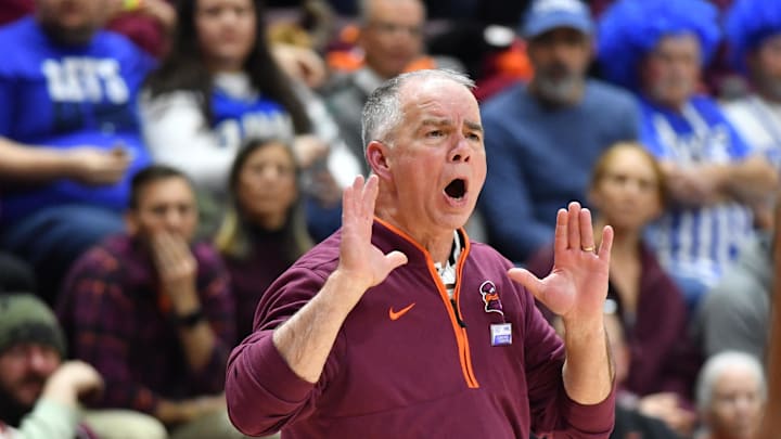 Jan 31, 2026; Blacksburg, Virginia, USA;  Virginia Tech Hokies head coach Mike Young gives his team instructions during the second half against Duke Blue Devils at Cassell Coliseum. Mandatory Credit: Brian Bishop-Imagn Images