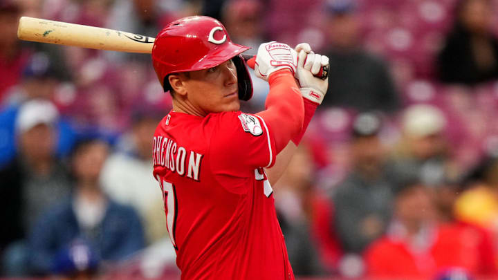 Cincinnati Reds catcher Tyler Stephenson (37) hits a single